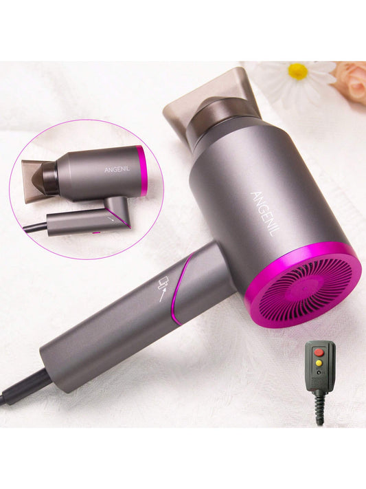 ANGENIL Professional Hair Dryer With Diffuser, 1800W Ionic Travel Blow Dryer, Foldable Handle, Constant Temperature Hair Care Without Hair Damage, Purple, With Safety Plug