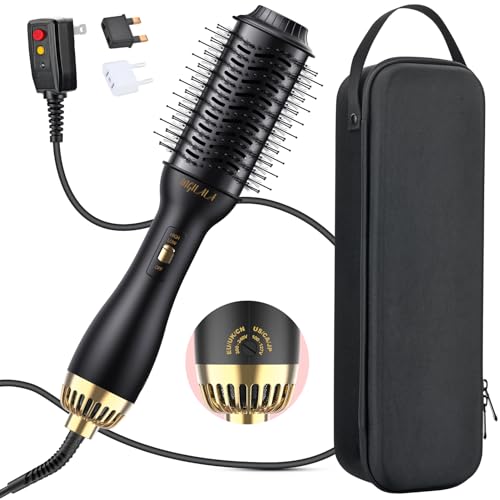 ANGILALA Dual Voltage Hair Dryer Brush for International Travel, Travel Hair Dryer Brush with European Plug, 110V-120V/220V-240V Dual Voltage Hot Air Brush, EU/UK Plug Adapter & Travel Case Included