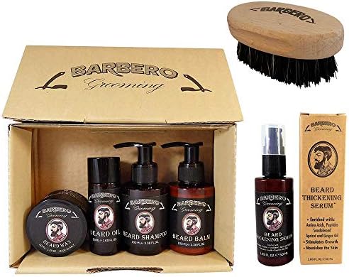 Barbero Grooming Beard Care Kit with Thickening Serum and Wooden Boar Beard Brush