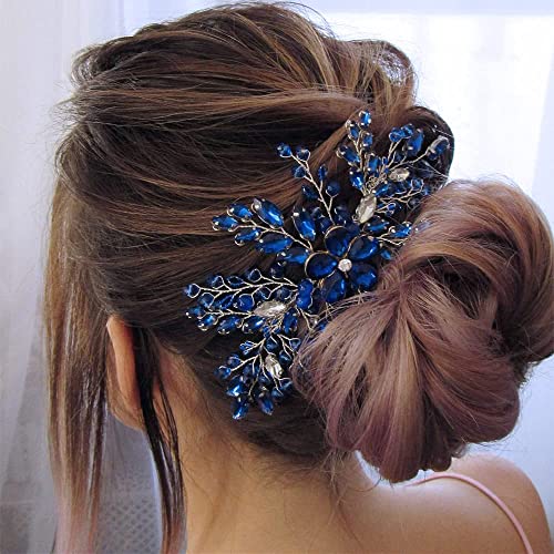 Aimimier Bridal Royal Blue Crystal Hair Comb Sapphire Hair Piece Prom Party Festival Wedding Hair Accessories for Women and Girls