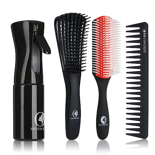 BRUSHZOO Detangler Hair Brush with Hair Spray bottle, Hair Brushes for Women men and Kids Curly Hair, Detangling Brush for Natural 3/4abc Hair with Detangler Brush 9 Row Brush Wide Tooth comb