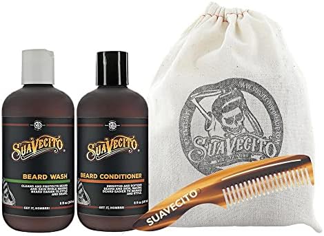 Suavecito Beard Wash Kit Men's Grooming & Cleansing Avocado Oil Shea Butter Olive Oil Nourishing Wash, Conditioner, Comb, Travel Bag