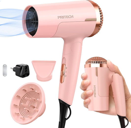 Travel Diffuser Hair Dryer, PRITECH Dual Voltage Hair Dryer with Diffuser,Foldable Mini Compact Blow Dryer with Concentrator,1200W Hairdryer Professional with European Plug for Worldwide Use