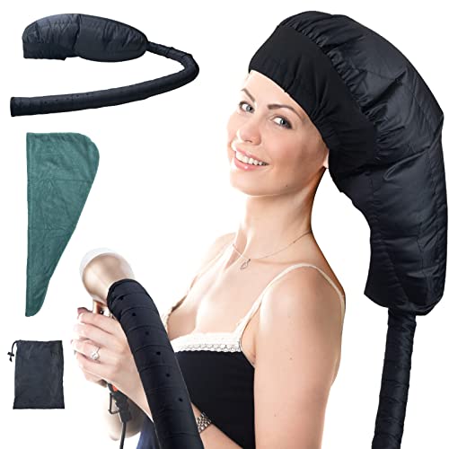 Bonnet Hood hairdryer Attachment: Blow Dryer Cap Bonnet for Hair Styling & Deep Conditioning & Hair Drying – Including Head Drying Cap & Storage Bag (Black)