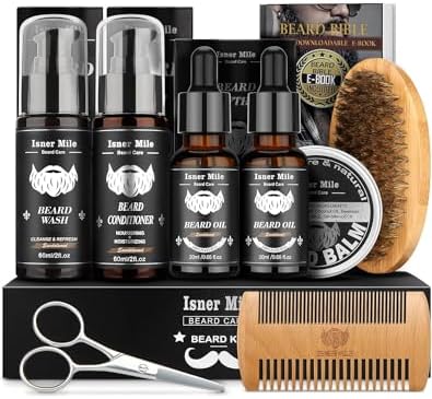 Beard Grooming Kit, Beard Kit with 2 Pack Beard Original Oil, Beard Brush, Wash Conditioner for After Shave Lotions- Sandalwood,Balm,Combs, Christmas Fathers Gifts for Men