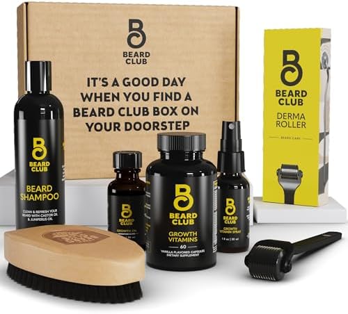 Beard Club Advanced Beard Growth Kit - Derma Roller, Beard Oil, Vitamins and Beard Spray, Beard Shampoo and Beard Brush - Gift Set