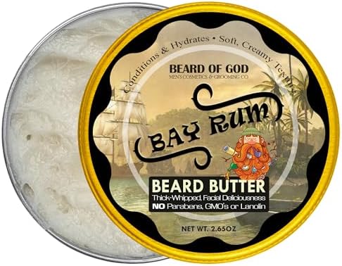 Bay Rum - 2.65 oz. Thick-Whipped Beard Butter - Natural, Organic & Crafted in USA by Beard of God - Stimulates Hair Growth & Beard Thickness, Keeps Straggler Down, Low Sheen…