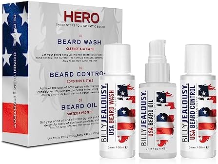 Billy Jealousy USA Hero Kit with USA Beard Wash, hydrating leave-in USA Beard Control, and USA Beard Oil, to Cleanse, Nourish, Soften & Strengthen your Facial Hair