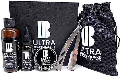 Ultra Beard Works - Travel Beard Conditioner Kit/Includes Beard Oil, Beard Balm, Beard Shampoo, Straight Razor - Razors Included & Travel Bag