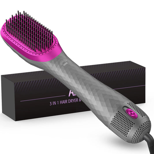APOKE 3 in 1 Hair Dryer Brush & Straightener Brush, Professional 1200W Powerful Ceramic Tourmaline Negative Ion Blow Dryer Brush, 3 Heat/2 Speed Settings One Step Hair Dryer and Styler Gray