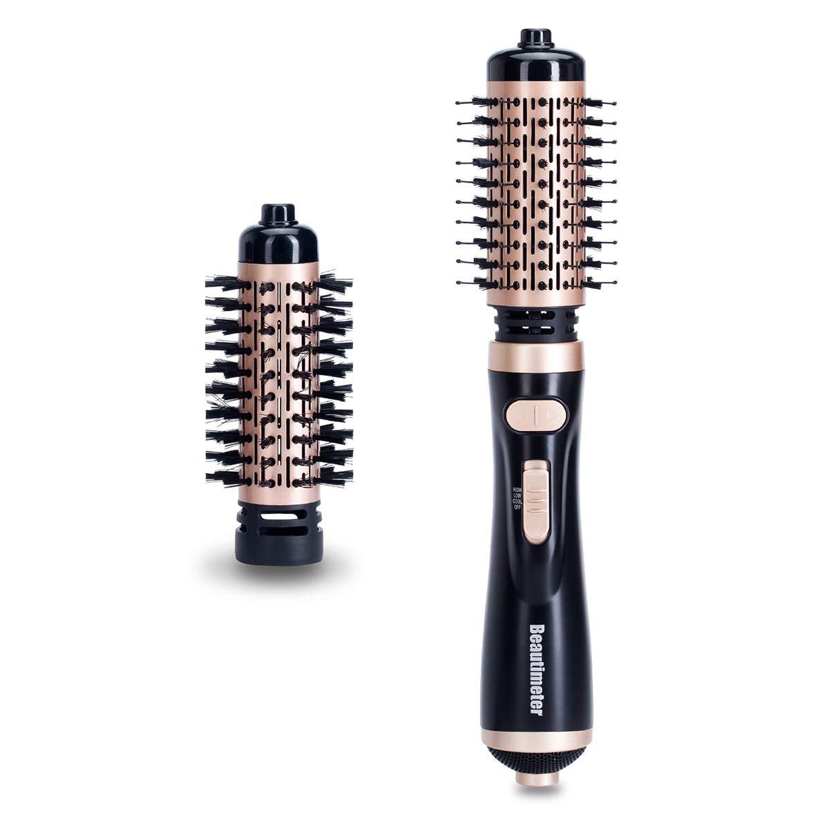 Beautimeter Hair Dryer Brush, 3-in-1 Round Hot Air Spin Brush Kit for Styling and Frizz Control, Negative Ionic Blow Volumizer, 2 Detachable Auto-Rotating Curling Brush, Black & Gold