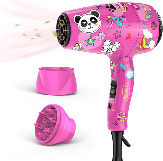 Travel Hair Dryer for Kids - Portable Mini Hair Dryer Dual Voltage for International Use - Foldable Compact Blow Dryer with Diffuser and Concentrator Pink