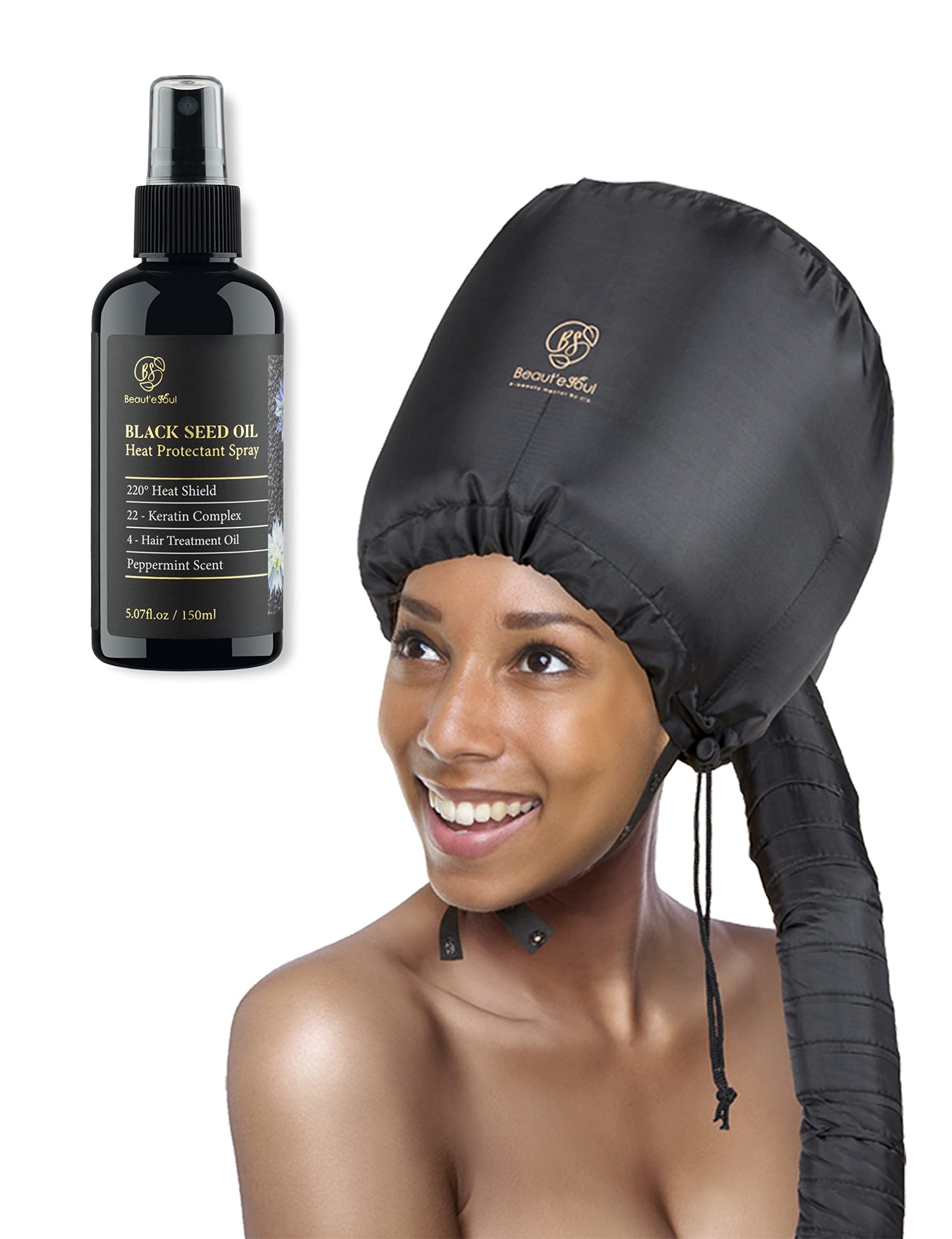 BEAUT'E SEOUL Bonnet Hood Hair Dryer Attachment and Black Seed & Argan Oil Spray Set - Soft Adjustable Large hooded bonnet & Keratin Hair Treatment Leave in Conditioner Spray 5oz