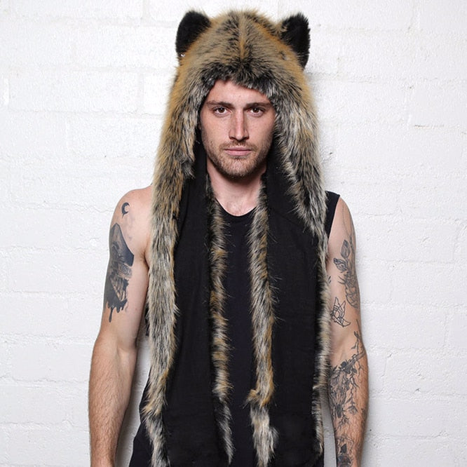 Men/Women Faux Fur Hood Animal Hat Ear Flaps Gloves 3in1 Animal Fur Hat Wolf Plush Warm Imitation Fur Hats Cap with Scarf Gloves ShopOnlyDeal