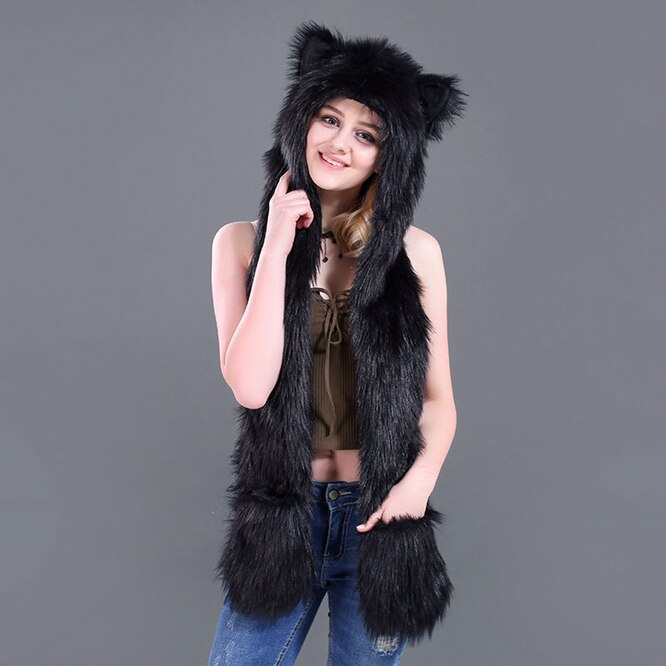 Men/Women Faux Fur Hood Animal Hat Ear Flaps Gloves 3in1 Animal Fur Hat Wolf Plush Warm Imitation Fur Hats Cap with Scarf Gloves ShopOnlyDeal