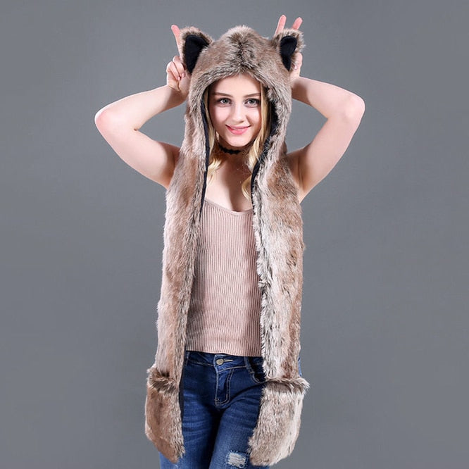 Men/Women Faux Fur Hood Animal Hat Ear Flaps Gloves 3in1 Animal Fur Hat Wolf Plush Warm Imitation Fur Hats Cap with Scarf Gloves ShopOnlyDeal