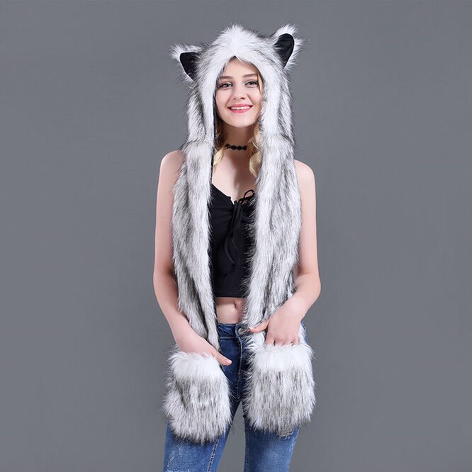 Men/Women Faux Fur Hood Animal Hat Ear Flaps Gloves 3in1 Animal Fur Hat Wolf Plush Warm Imitation Fur Hats Cap with Scarf Gloves ShopOnlyDeal
