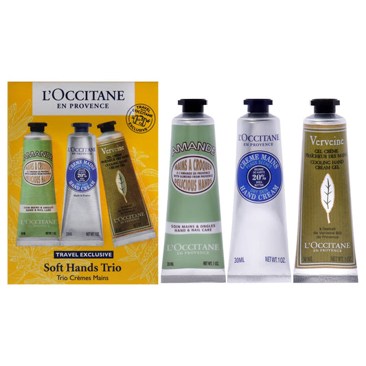 Soft Hands Trio by LOccitane for Women 3 Pc 1oz Amande Delicious Hands, 1oz Shea Dry Skin Hand Cream, 1oz Verveine Cooling Hand Cream Gel